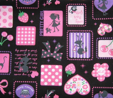 KAWAII PRETY GIRL BLACK PINK JAPANESE COTTON FABRIC-supplies,comercial,sewing,fabric,pattern,handmade,children custom,dress,pants,applique,vintage,tutorial knitting,neddles,owls,japanese,kawaii,fabric,cotton fabric,cotton,ribbon,bows,hair clips,hair accessories,toddles,baby shower,girl,summer,tunic,wallet,purse,buttons,thread,international shipping,free shipping,flat rate
