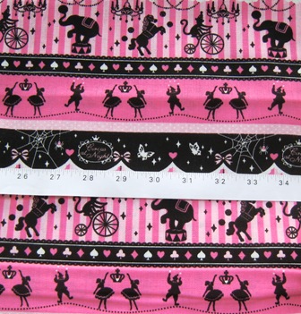 CIRCUS AT NIGHT HOT PINK BLACK JAPANESE COTTON FABRIC-supplies,commercial,sewing,fabric,pattern,handmade,children custom,dress,pants,applique,vintage,tutorial knitting,neddles,owls,japanese,kawaii,fabric,cotton fabric,cotton,ribbon,bows,hair clips,hair accessories,toddles,baby shower,girl,summer,tunic,wallet,purse,buttons,thread,international shipping,free shipping,flat rate