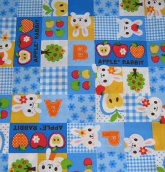 BLUE KAWAII BUNNY AND APPLES JAPANESE COTTON FABRIC-supplies,comercial,sewing,fabric,pattern,handmade,chilndren custom,dress,pants,applique,vintage,tutorial knitting,neddles,owls,japanese,kawaii,fabric,cotton fabric,cotton,ribbon,bows,hair clips,hair accessories,toddles,baby shower,girl,summer,tunic,wallet,purse,buttons,thread,international shipping,free shipping,flat rate