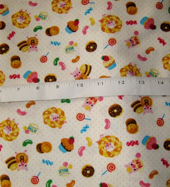 SWEET DAY DESSERTS JAPANESE COTTON FABRIC-supplies,commercial,sewing,fabric,pattern,handmade,children custom,dress,pants,applique,vintage,tutorial knitting,neddles,owls,japanese,kawaii,fabric,cotton fabric,cotton,ribbon,bows,hair clips,hair accessories,toddles,baby shower,girl,summer,tunic,wallet,purse,buttons,thread,international shipping,free shipping,flat rate