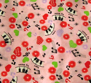 MUSIC NOTES AND HEARTS PINK JAPANESE COTTON FABRIC-supplies,commercial,sewing,fabric,pattern,handmade,children custom,dress,pants,applique,vintage,tutorial 