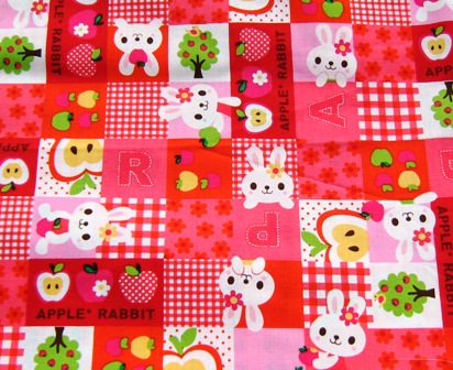 RED KAWAII BUNNY AND APPLES JAPANESE COTTON FABRIC