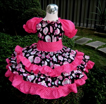 Butterfly And Hot Pink Polka Dots Triple Ruffle Peasant Dress